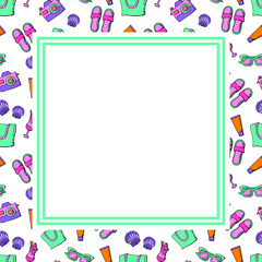 Frame with summer items - a beach bag, slippers, a camera, sunglasses, seashells, sunscreen, a refreshing cocktail. Stock illustration.