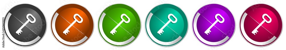 Leinwandbilder Key icon set, silver metallic chrome border vector web buttons in 6 colors options for webdesign
