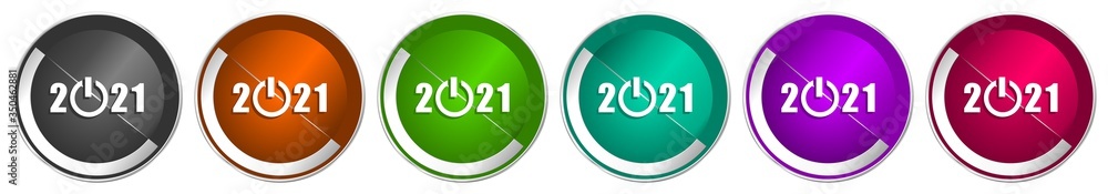 Aufkleber new year 2021 icon set, silver metallic chrome border vector web buttons in 6 colors options for web