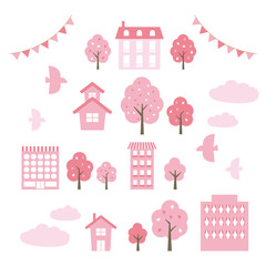 建物と桜の春イラストセット