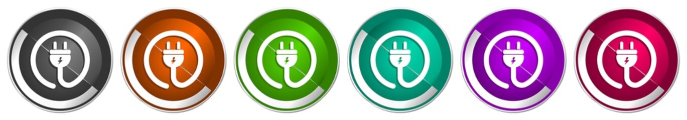 Plug power icon set, silver metallic chrome border vector web buttons in 6 colors options for webdesign