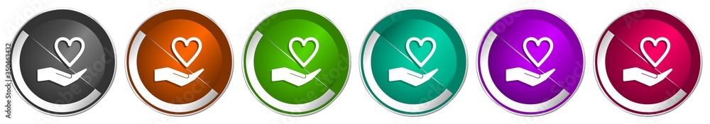 Poster Care love icon set, silver metallic chrome border vector web buttons in 6 colors options for webdesign