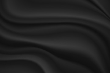 Black Silk Fabric Realistic Smooth Texture. Dark Satin Waves Vector Background.