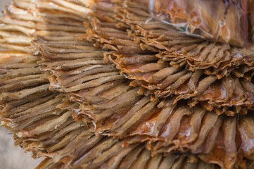 Closeup of dried fish preservation in food market