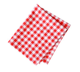 Red checkered folded cloth isolated,kitchen picnic towel top view.