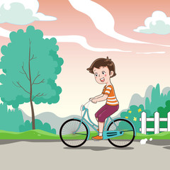Girl on a bike along the road surrounded by nature