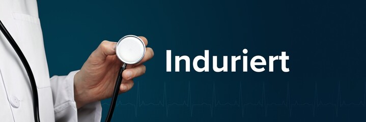 Induriert. Arzt (isoliert) hält Stethoskop in Hand. Begriff steht daneben. Ausschnitt vor blauem...