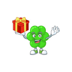 Staphylococcus aureus cartoon mascot concept design with a red box of gift