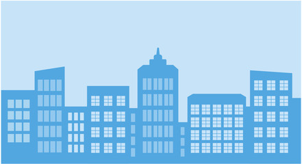 Obraz premium Vector illustration City. High-rise buildings in a flat style. Roofs, windows, walls in blue and blue. Background, screensaver, wallpaper