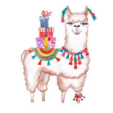 Watercolor drawing.Cute llama, Alpaca, gift boxes.Holiday greetings.Children's illustration, print, Wallpaper, postcard,fabric design.National symbol of Peru.Fabric design, Wallpaper