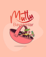 a pink basket with colorful candies in it for celebrating ramadan feast of all muslim families and a text saying 'have a happy feast' 
