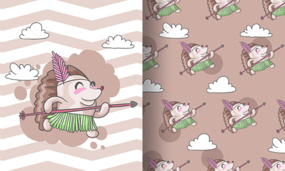 Cute animal cartoon hedgehog boho style with a seamless pattern for kids
