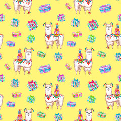 Watercolor drawing.Cute llama, Alpaca, gift boxes.Holiday greetings.Children's illustration, print, Wallpaper, postcard,fabric design.National symbol of Peru.Seamless pattern.Fabric design, Wallpaper