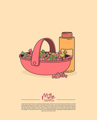 a pink basket with colorful candies and a bottle of eau de cologne which are the main offerings to the guests during ramadan feast and feast of sacrifice and a text saying ' have a happy feast' 