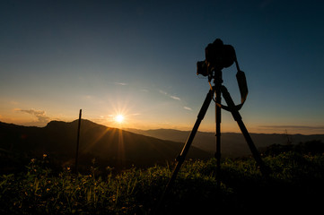 Camera take a photo of sunrise view landscape, Traveler conception.