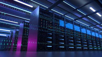 Working Data Center Full of Rack Servers and Supercomputers, Modern Telecommunications, Artificial Intelligence, Supercomputer Technology Concept.3d rendering,conceptual image.