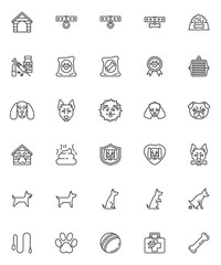 Pet shop line icons set. linear style symbols collection, outline signs pack. vector graphics. Set includes icons as dog breeds, house, collar, canine food, vet aid kit, animal carrier, paw print