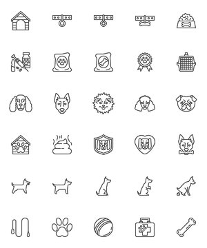 Pet shop line icons set. linear style symbols collection, outline signs pack. vector graphics. Set includes icons as dog breeds, house, collar, canine food, vet aid kit, animal carrier, paw print