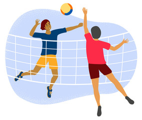 Two men plays volleyball through net. Flat vector stock illustration with a young or adult male volley player with a ball as a concept of friendly game