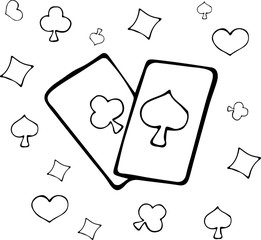 Vector illustration of two playing cards intersecting with each other on the background of symbols of card suits in the Doodle style.