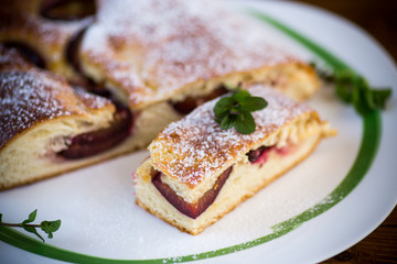 sweet baked homemade plum cake with icing sugar