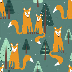 Foxes and fir-trees, hand drawn backdrop. Colorful seamless pattern with animals. Decorative cute wallpaper, good for printing. Overlapping background vector. Design illustration - 350469622
