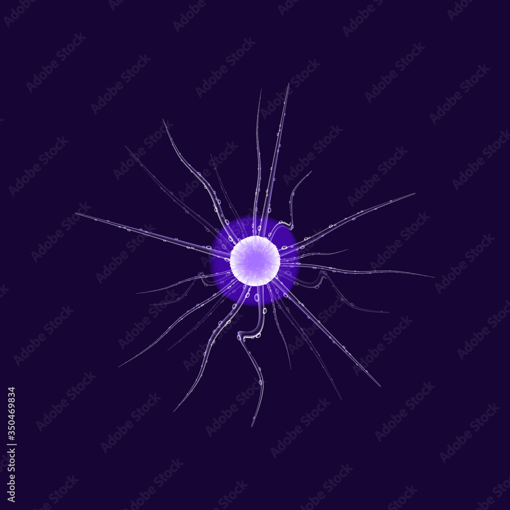 Poster virus cell realistic vector illustration. pathogenic circle shape organism with antennas. microbiolo