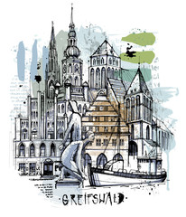 Handgezeichnete Greifswald Skizze auf einer Ebene reduziert - 350469851