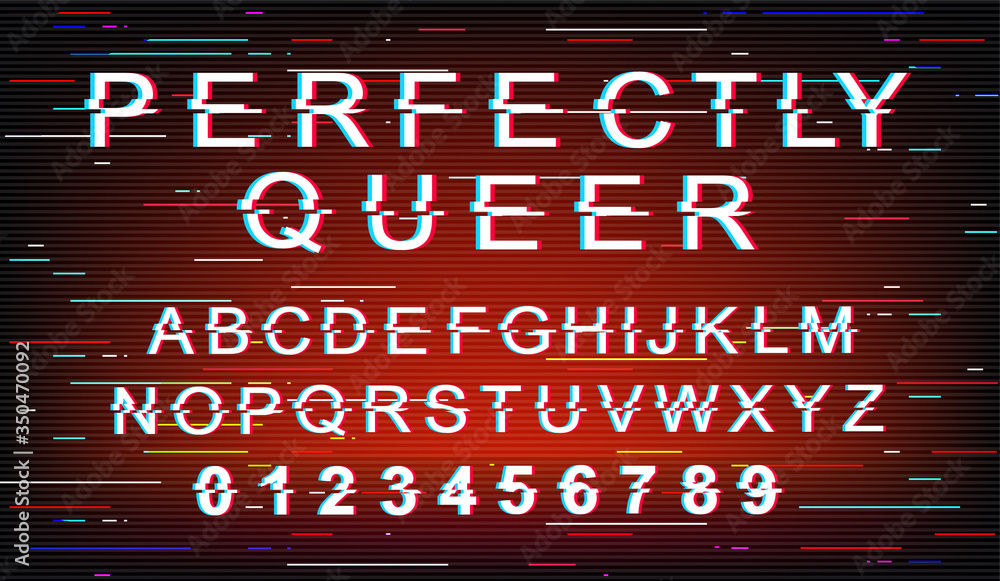 Poster perfectly queer font template. retro futuristic style vector alphabet set on red background. capital