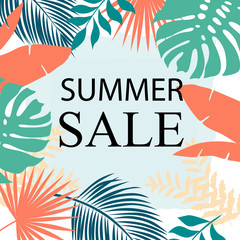 Fototapeta na wymiar Banner template summer sale with silhouettes tropical leaves. Vector illustration