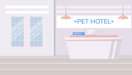 Pet hotel flat color vector illustration. Overnight stay for domestic animal. Luxury pet sitting business. Empty modern hall with reception desk. Spa lobby 2D cartoon interior with wall on background