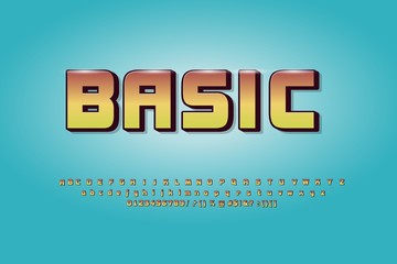 Retro computer game alphabet font. 3D pixel gradient of letters and numbers. Typography of arcade video games of the 80's.