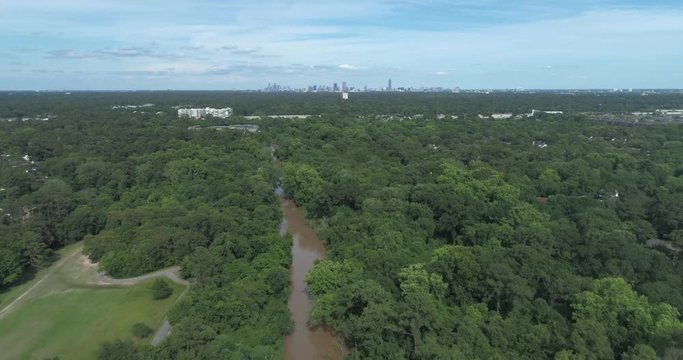 Birdseye view of the Buffalo Bayou and surrounding area in Houston, Texas. This video was filmed in 4k for best image quality.