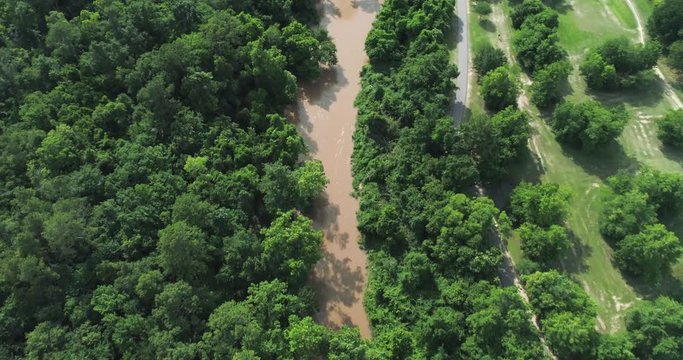 Birdseye view of the Buffalo Bayou and surrounding area in Houston, Texas. This video was filmed in 4k for best image quality.