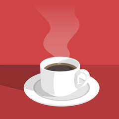 hot black coffee and a puff of hot smoke against a red background. Vector illustration.