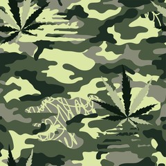 Camouflage with hemp leaves and doodles. Seamless pattern. Flat vector image.