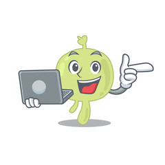 Smart cartoon character of lymph node studying at home with a laptop