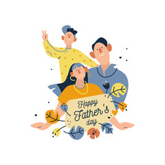 Happy father's day!  Funny drawing of dad and kids. Flat vector illustration on white background. 