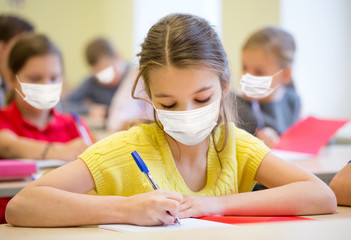 education, pandemic and health concept - group of students wearing face protective medical mask for...