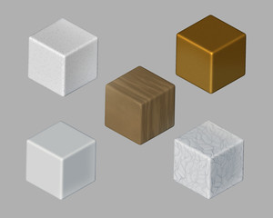 Marble, golden, wooden cubes, pattern. 3d illustration