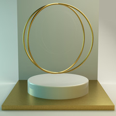 Scene with geometric simple shapes. Golden podium, soft light. 3d illustration