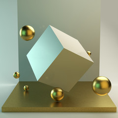 Scene with geometric simple shapes. Golden podium, soft light. 3d illustration