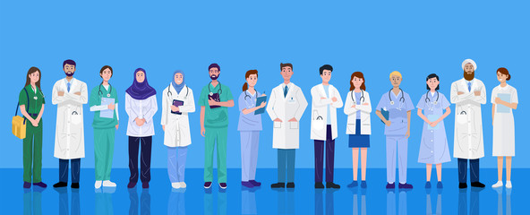 World health day, Group of medical doctors and nurses of different nationalities. Vector