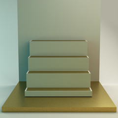 Scene with geometric simple shapes. Golden podium, soft light. 3d illustration