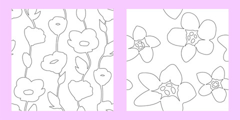set of two seamless patterns with linear flowers. black and white style