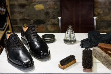 Shoe workshop. Shoe repair and tailoring Photography illustrates a small business. Close up.