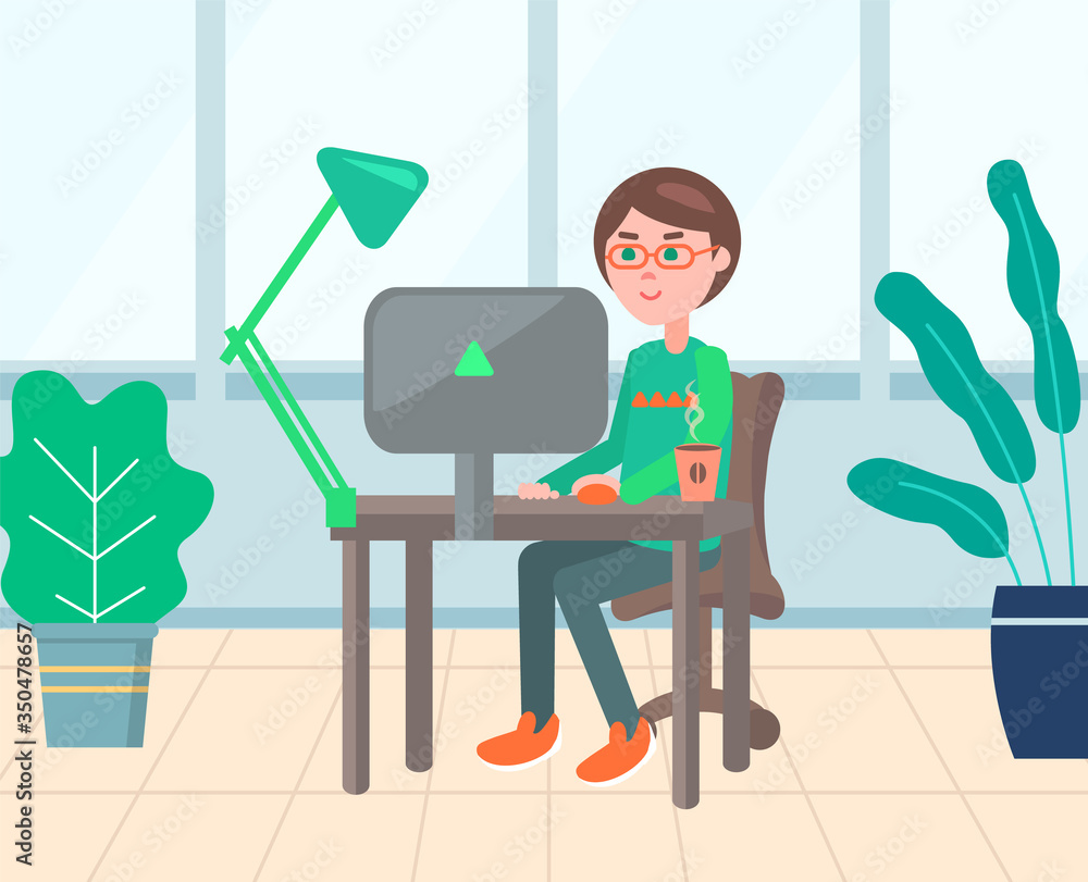 Poster worker man sitting at desktop and using computer, work with monitor of pc on workplace. office decor