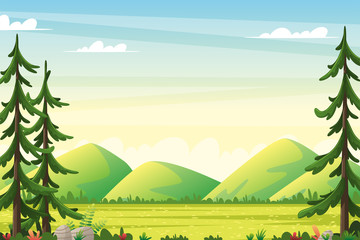Rural summer landscape with moutains. Vector illustration with separate layers.