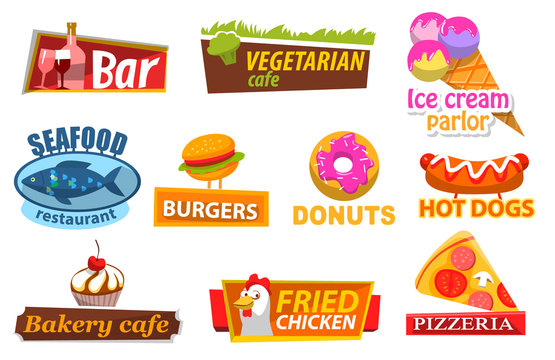 Bar and restaurant, bakery cafe stickers, label of ice-cream, seafood and burger, donuts and hot-dog, fried chicken and pizza. Fastfood symbols, meat and candy, lunch logo, delicious food vector