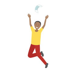 African-American man rejoice at epidemic ending and toss medical mask. Vector illustration.